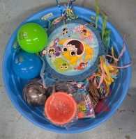 13 New: Assorted Party Lot! 3 Baby Shark Pinatas - 3 Bouncy Balls - 3 Packs of Fun Pops (Each Pack Contains 24) - 9 Buckets - Pool - 2 Bunch O Balloons (100 Balloons Per Pack)