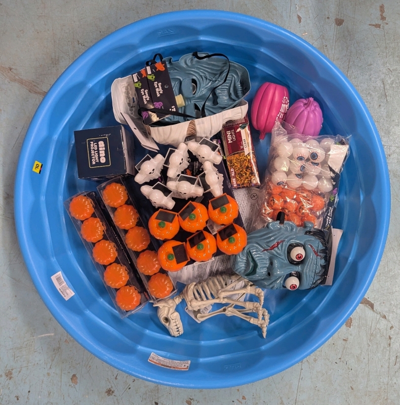 14 New: Assorted Halloween Lot! 5 Halloween Masks - 2 Pumpkin Decorations - 3 Packs Party Favours - Skeleton Dog - 2 Packs Pumpkin Garland Lights - 12 Pack Halloween Lights - Dino LED Light Projector