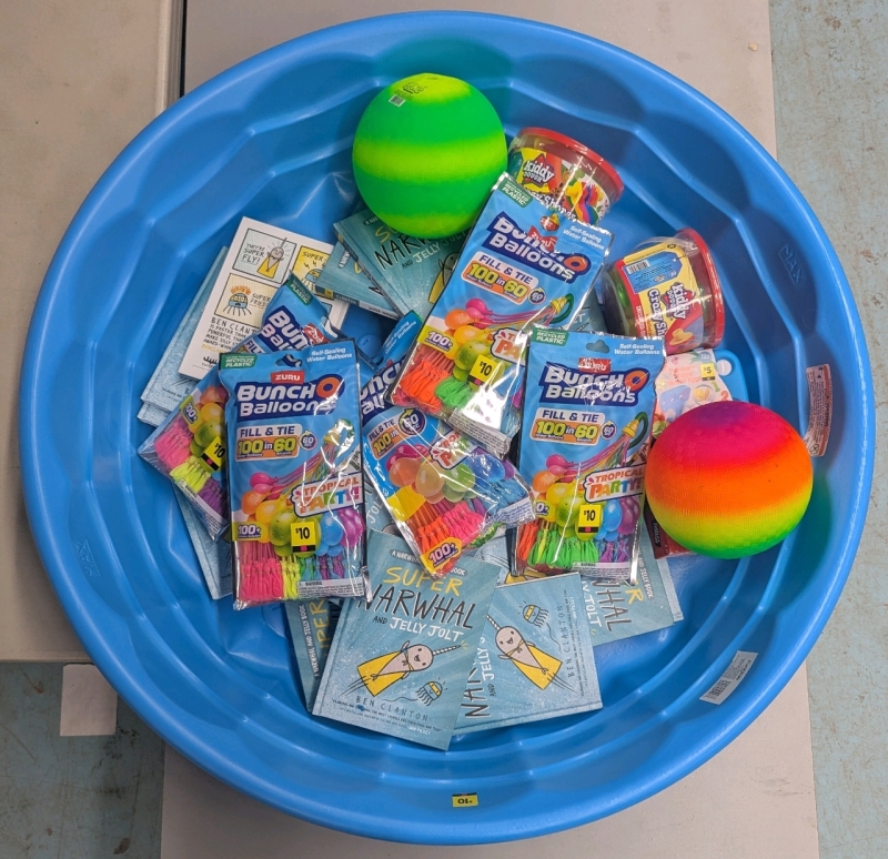 New: Assorted Kids Fun Lot! Many Balloons! - Kiddy Dough Crazy Shapes - Apples to Apples - Bouncy Balls - Super Narwhal and Jelly Jolt Books - Pool