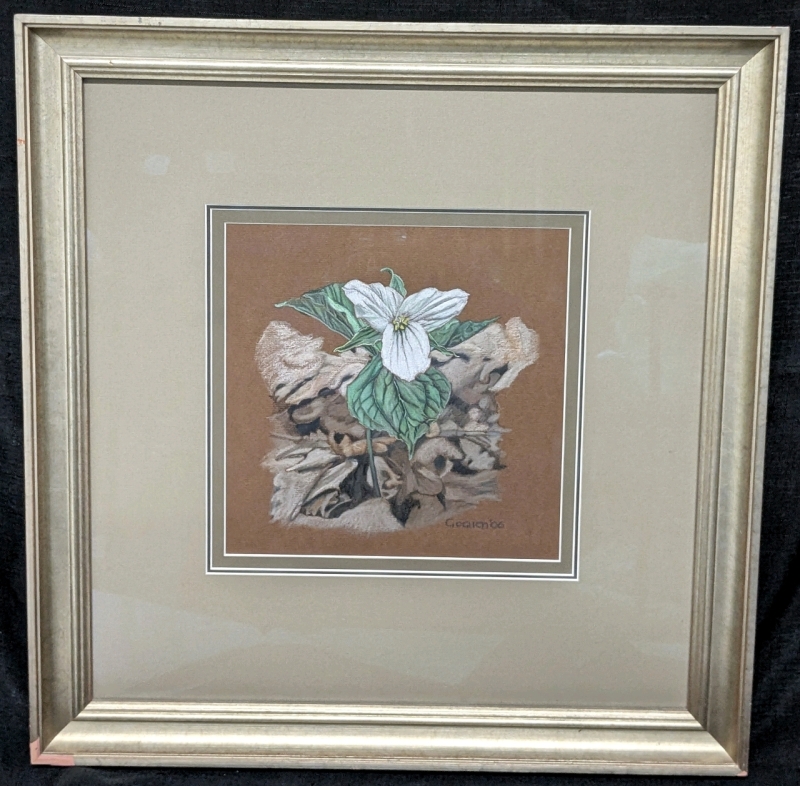 Framed Triple Matted Under Glass Original Oil Pastel Trillium Flower Signed GOGUEN '06 - 20" x 20"