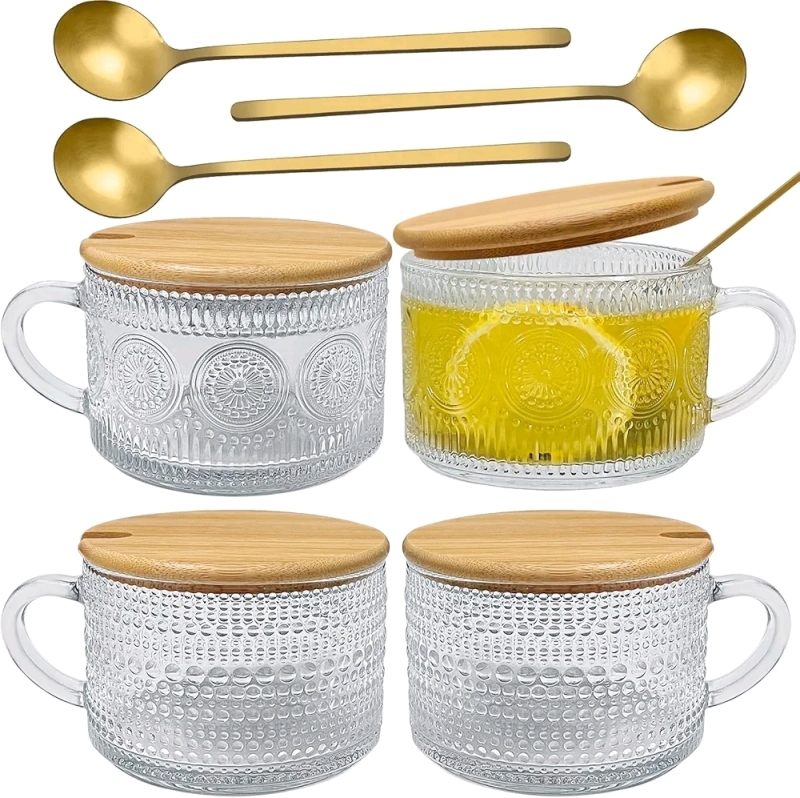 4 New Vintage Coffee Cups with Bamboo Lids and Spoon, 14oz Clear Embossed Glassware for Cappccino,Latte,Cereal,Dessert +