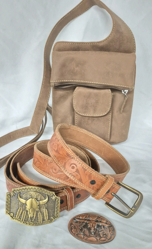 2 Leather Belts (sz 38 & 40) & Cross Body Purse 9.25" Tall