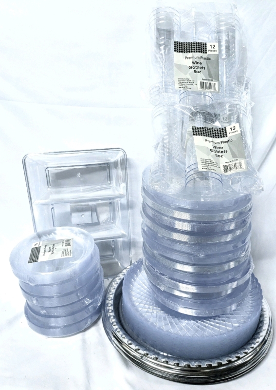 New Premium Plastic Platters, Plates & Wine Goblets | Triple Compartment Trays, 7" & 9" Scroll Plates, 12" Scalloped Edge Platters, 15" Round Trays