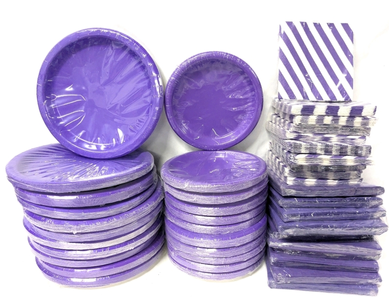 New Purple Party Plates & Napkins : 11x Plates (6.75" 16pc), 11x Plates (8⅝" 16pc), 10x Striped Napkins (9.75" 16pc), 11x Solid Napkins (12.75" 20pc)