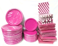 New Pink Party Plates & Napkins : 7x Plates (6.75" 16pc), 11x Plates (8⅝" 16pc), 8x Striped Napkins (9.75" 16pc), 14x Solid Napkins (12.75" 20pc)