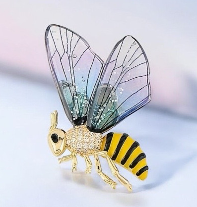 Elegant Bee Brooch Transparent Wings Crystal Inlay 1.65 x 1.25 inch