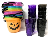 New Halloween : 12 Purple / Grey Skull Cups 5.9" x 3.54" & 20 Bright & Colorful Pumpkin Face Treat Buckets 6.5" Tall ea