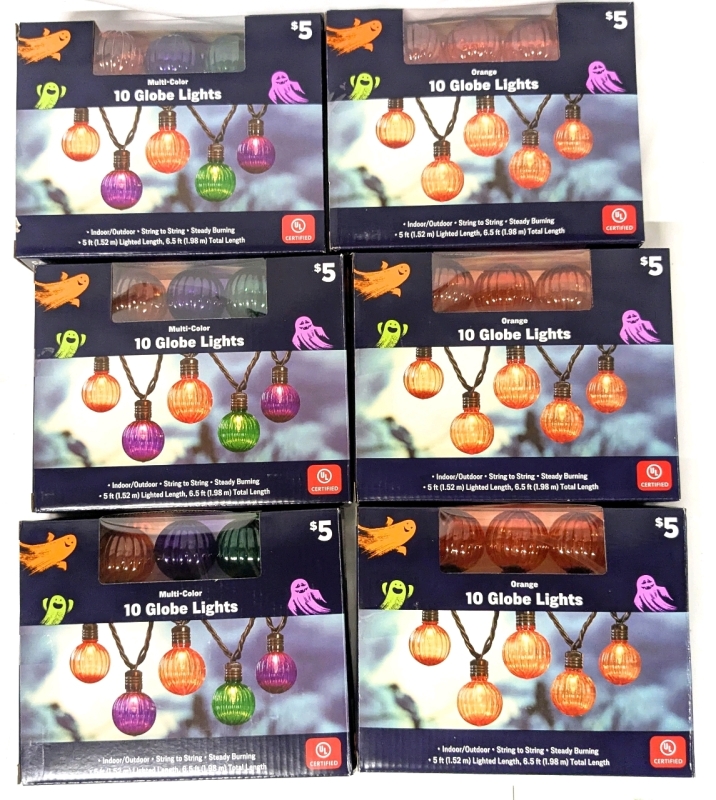 6 New Orange/Multicolor Indoor/Outdoor Globe Light 10-Light Strands - 5ft Long ea