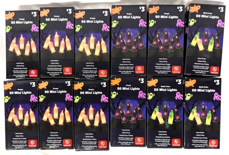 12 New Halloween Indoor/Outdoor String to String 50 Mini Lights 10-Foot Strands - 6x Orange, 3x Purple, 3x Multicolor