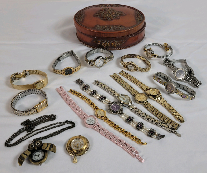16 Assorted Ladies Watches & Time Pieces w/Jewelry Box . Untested