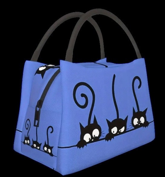 New Black Cat Design Insulated Lunch Bag Polyester Rectangle Tote Hand Washable / Cooling Reusable Approximately 11 x6 x 7