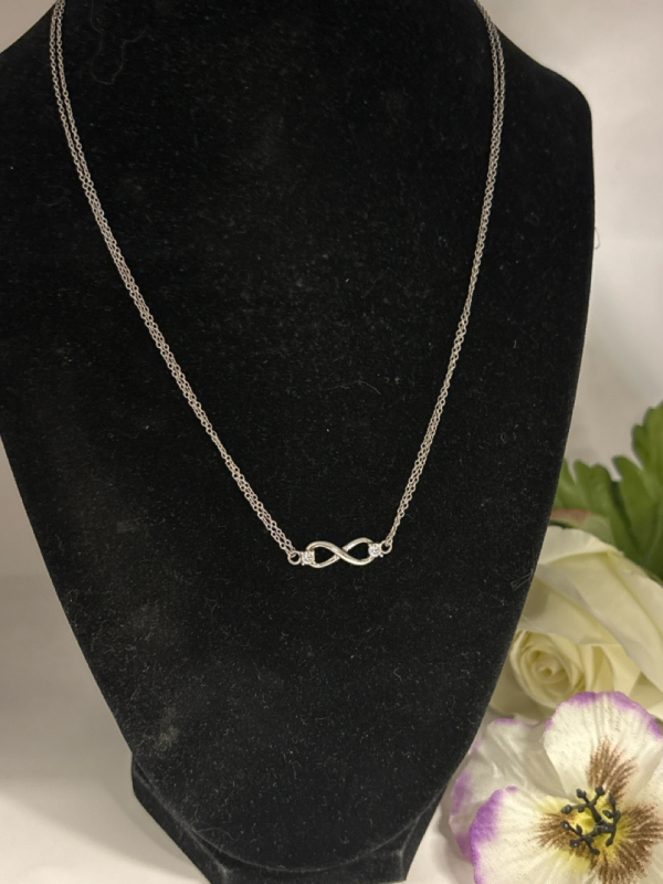 925 Sterling Silver CZ Endless Love Infinity Pendant double Chain Necklace Stamped