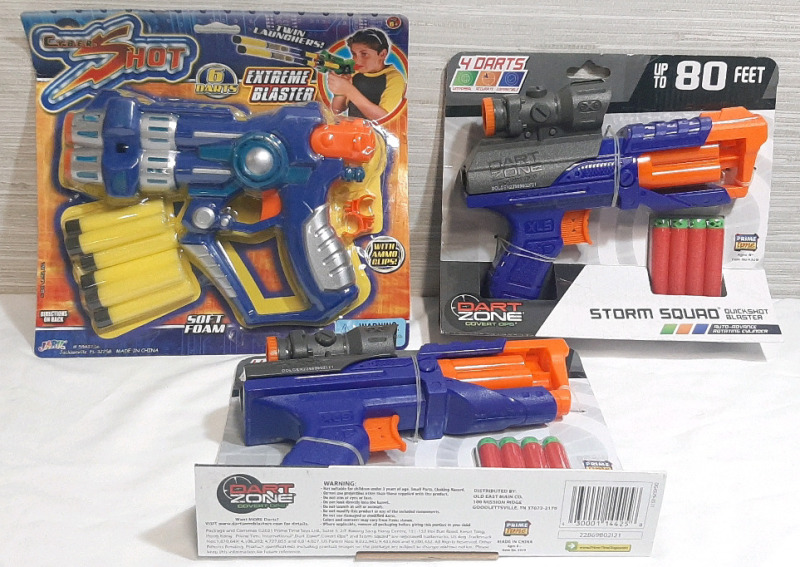 3 New Foam Dart Toy Guns, Including a Cyber Shot Extreme Blaster with 6 Darts & 2 Dart Zone Covert Ops Storm Squad Quickshot Blaster with 4 Darts Included
