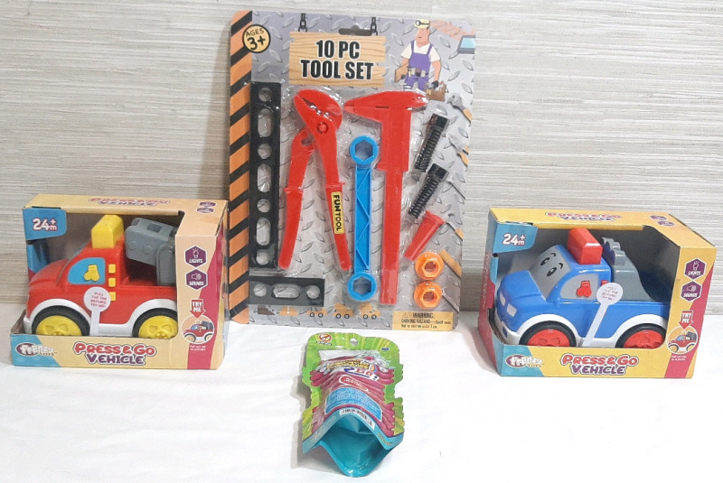 Lot of New Children's Toys, Including 2 Press and Go Toy Trucks, Bag of Super Miracle Bubbles 2Go (4floz) & 10 PC Tool Set