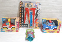 Lot of New Children's Toys, Including 2 Press and Go Toy Trucks, Bag of Super Miracle Bubbles 2Go (4floz) & 10 PC Tool Set