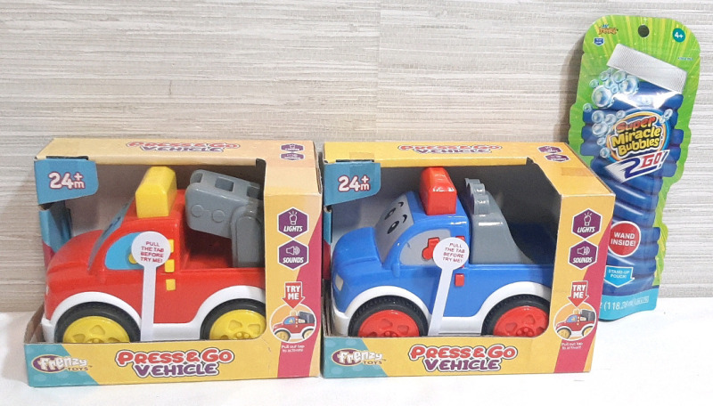2 New Press and Go Truck Toys & A Bag of Super Miracle Bubbles 2Go (4floz)
