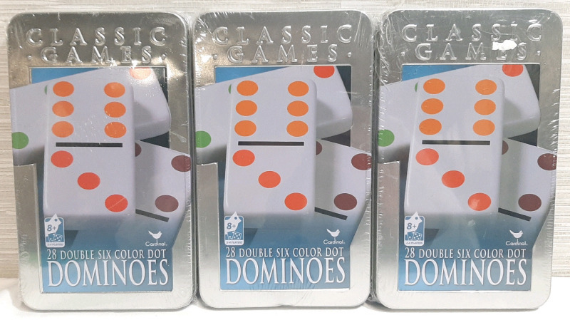 3 New Tins of 28 Double Six Color Dot Dominoes (84 Pcs in Total)
