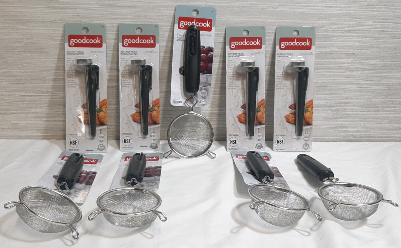 Lot of GoodCook Kitchen Tools, Including 5 3 Inch Mesh Strainers and 4 Instant Read Thermometer