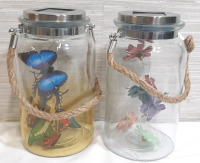 2 New Glass Jars with String Handles and Paper Decorations Inside (7&frac12;" Tall, 4" Wide)