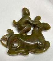 Jade Carved Amulet Pendant 2.5 Inch Old Dragon With Riding Monkey