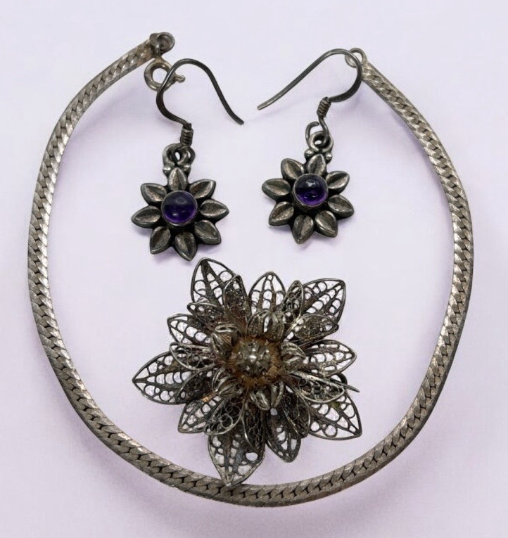 ASJ Sterling Quill Pattern Filigree Brooch / 925 Amethyst Drop Earrings / 925 Italy Bracelet All Stamped