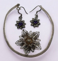 ASJ Sterling Quill Pattern Filigree Brooch / 925 Amethyst Drop Earrings / 925 Italy Bracelet All Stamped