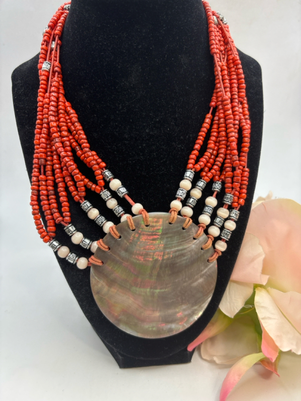 Beautiful Statement Large Abalone Pendant Orange Bead Salmon Cats Eye Beads Multi Strand 15 Inch 2.75 Inch Abalone