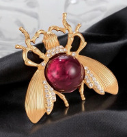 Vintage Elegant 18K Golden Plated Copper Insect Brooch Colourful Purple Glass Stone 2.9 x 2.95 inches Clear Rhinestones