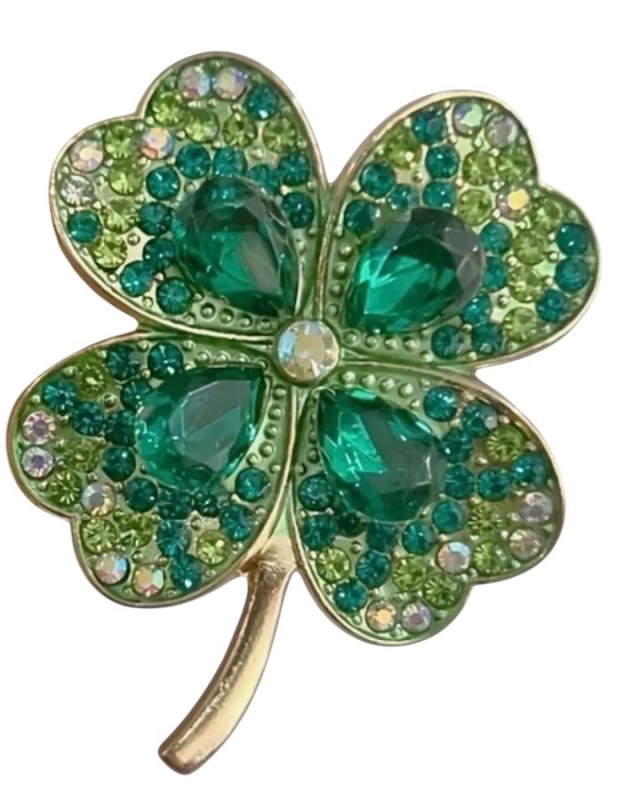 Green Rhinestone Four Leaf Clover Brooch With Cabs 1.75 x 1.25 Inch