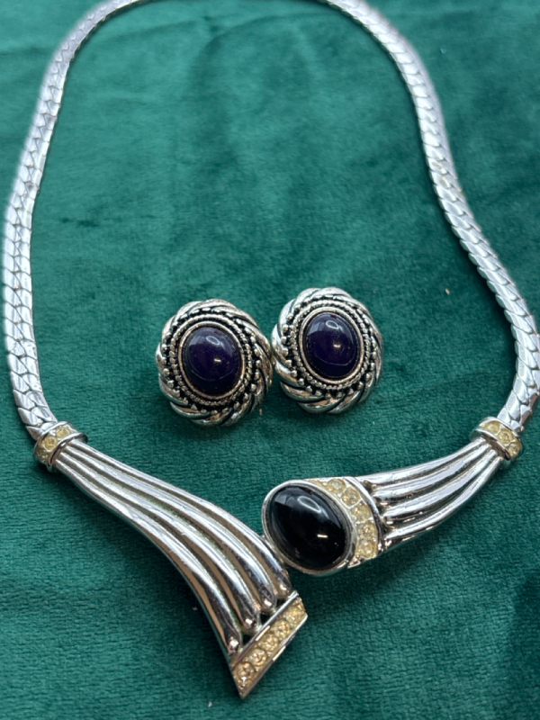 Art Deco Necklace Rhinestones Nina Ricci For Avon Black Cab Earrings Pierced.