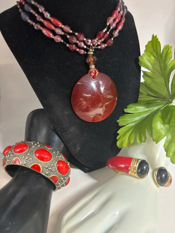 Two Statement Hinged Cuff Bracelets Statement Purple / Red Bead 3 Strand Necklace