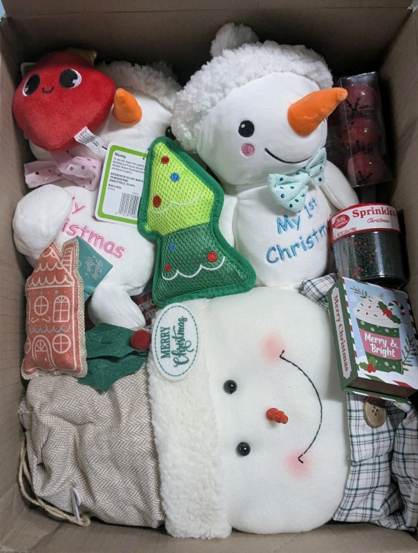 Huge Lot of New Christmas Goodies in Large Box : Baby's First Christmas Stuffed Animals, Dog Toys, Christmas Crafts, Ornaments, Decor & More | Box Measures 14.5" x 18" x 16.5" Tall