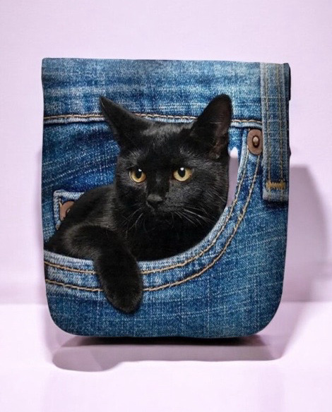 Lightweight Durable Chic Denim Look Cat Print Crossbody Bag for Women Magnetic Closure Approximately 9.75 x 11 x 1.5 Inch