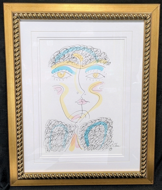Gold Leaf Framed with Double Line Cut Mattings Original Michael Close Ink & Watercolor Signed Over Embossed Stamp - 21" x 17"