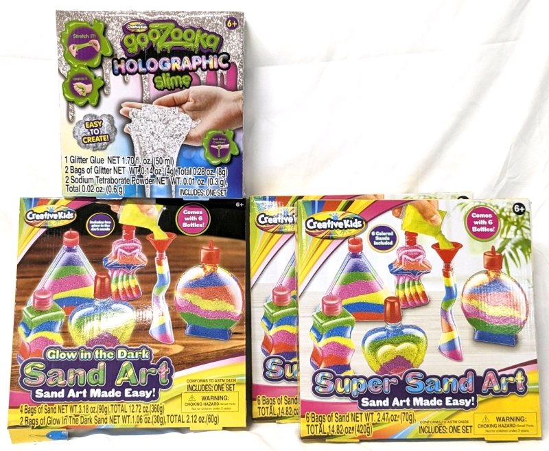 4 New CreativeKids Craft Kits : GOOZOOKA Holographic Slime, Glow in the Dark Sand Art, 2x Super Sand Art