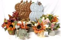13 New Fall Decor: 5x Hammered Tin Pumpkin Yard Signs 6.25", 8x Artificial Flowers Arrangements