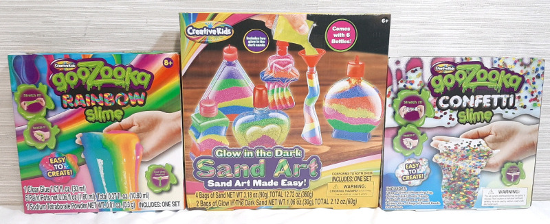 Lot of Slime And Sand Products, Including Creative Kids GooZooka Rainbow & Confetti Slime & Glow in The Dark Sand Art Set
