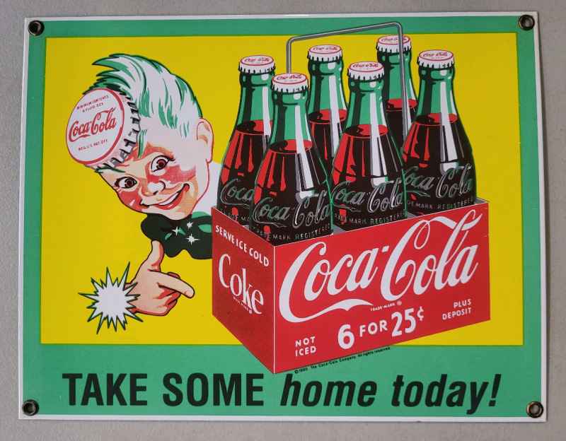 Coca-Cola " Take Some Home Today! " Enamel Sign . Measures 11"&times;8.5"