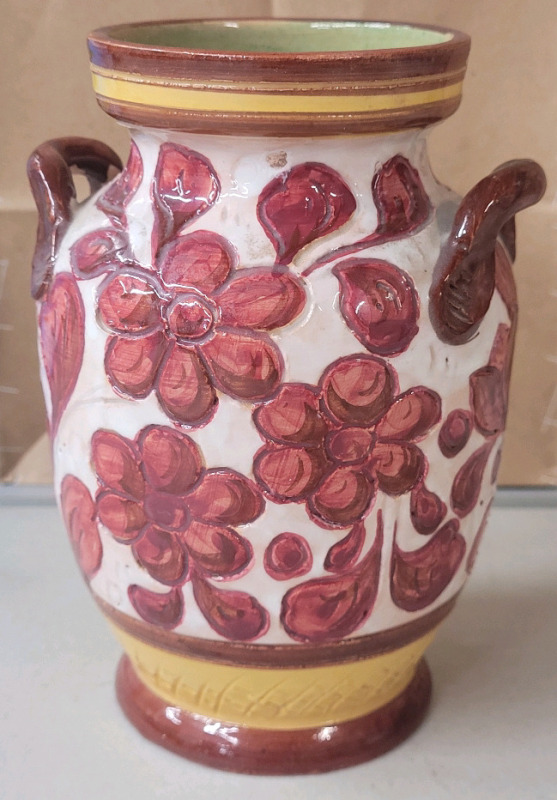 Hand-Painted Art Pottery Vase Urn Made In Italy Floral Red Yellow Green Signed . Measures 6 3/4" tall