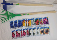 New - TrueLiving Garden Hoe & Rake plus 20 Garden Flower Seed Packs (dated sell By 12/24) . Rakes measure 24" & 29" long