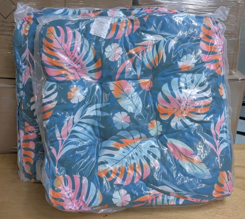 2 As-New Large 6.5" Thick Bright Tropical Outdoor Cushions - 22" x 22" ea