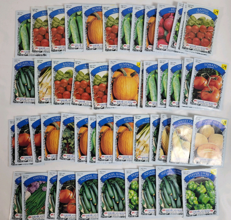 50 New Vegetable Seed Packs . Onion , Radish , Beet , Tomato , Sweet Pepper , Cucumber , Pumpkin , Squash , Sweet Corn . Sell By 12/24 Stamp on Packs