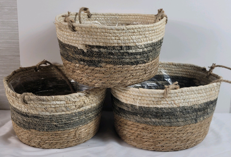 3 New 12" Woven Hanging Baskets . Each Basket measures 6" tall & 12" diameter