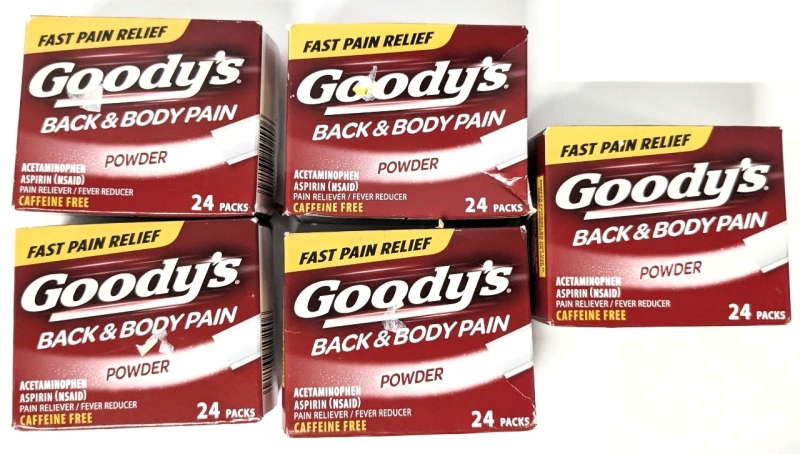 5 New GOODY'S Back & Body Pain Powder - Acetaminophen Pain Reliever Fever Reducer - 24 Packs ea | EXP 09/2026