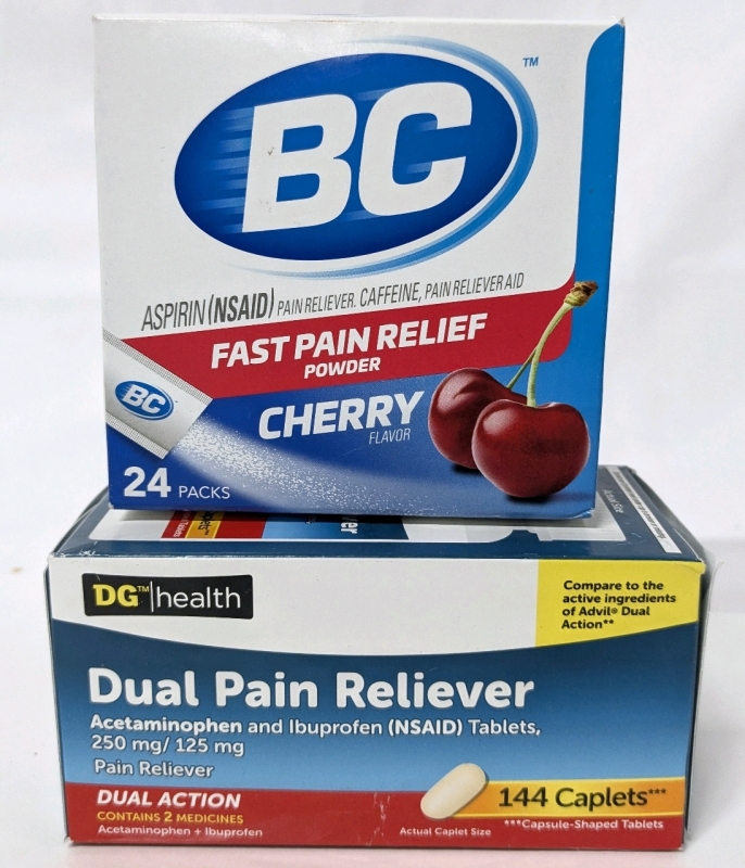 New BC Cherry-Flavored Fast Dissolving Pain Powder (Aspirin/Caffeine - 24 Doses) + Dual Action Pain Reliever (Acetaminophen 25mg /Ibuprofen 125mg - 144 Caps)