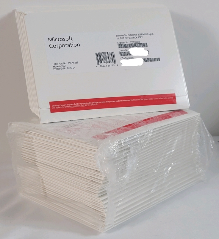39 New Microsoft Corporation | Windows Server Datacenter 2022 64Bit English 1pk DSP OEI DVD ROJ 2CPU | Part # X18-4592 / P73-08349 | Single Key & Media