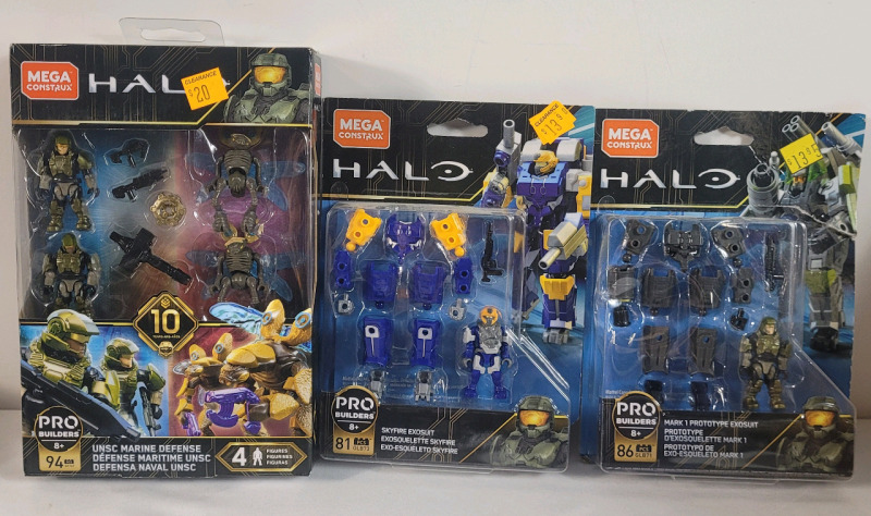 3 New MEGA Construx HALO Pro Builders Mini Action Figure Sets . Some minor wear to packaging