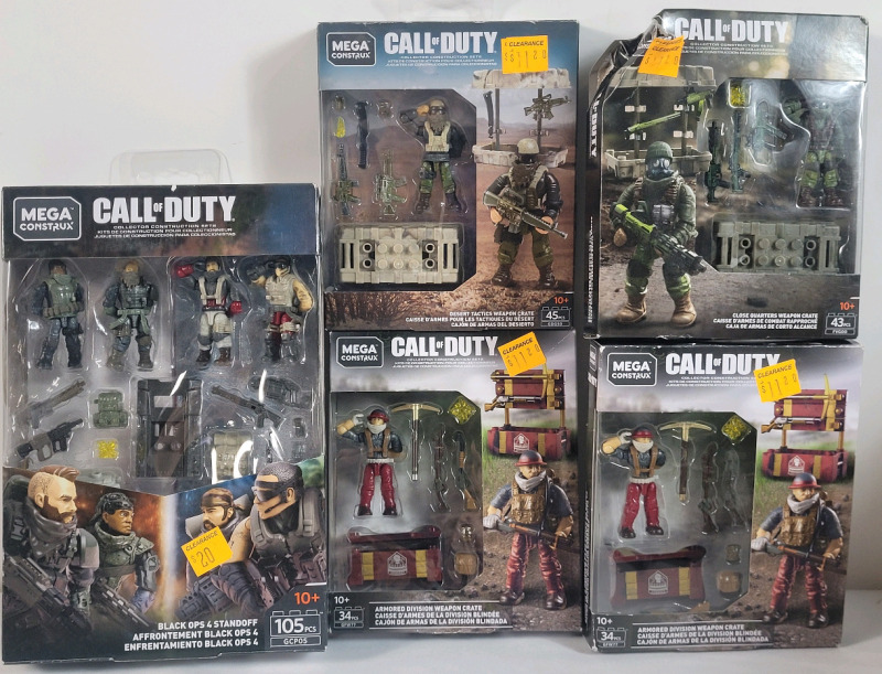 5 New MEGA Construx Call of Duty Mini Action Figure Sets . Minor bend damage to one box