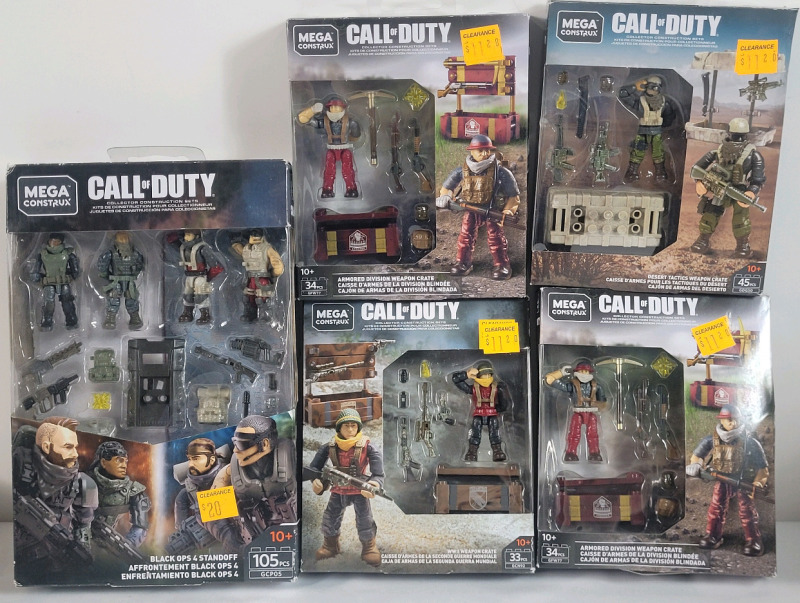 5 New MEGA Construx Call of Duty Mini Action Figure Sets . Minor bend damage to one box
