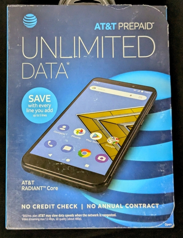 New AT&T Radiant Core Dark Grey 16GB 5.5" Android 9 Smartphone IMEI 863382044000022 | See Description